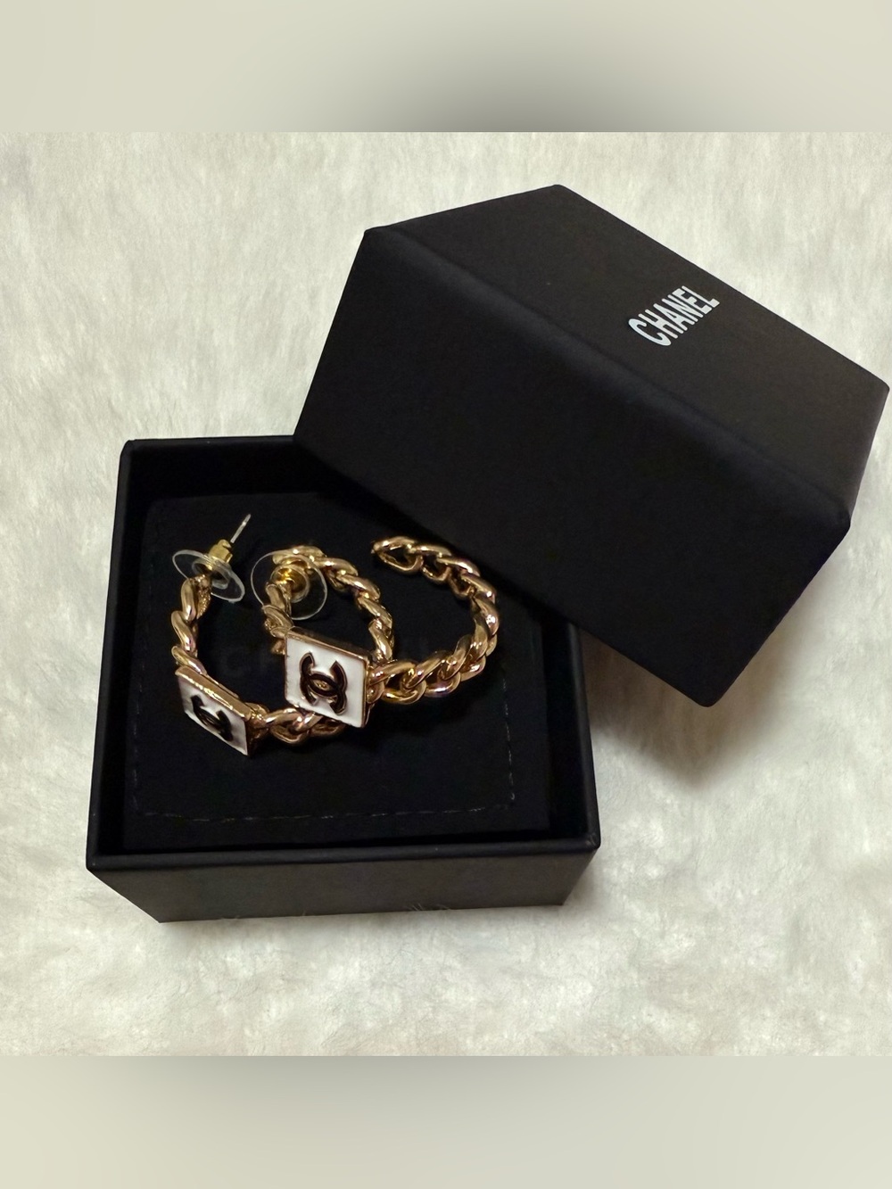 Elegant Gold-Tone Hoop Earrings with White Enamel CC Squares